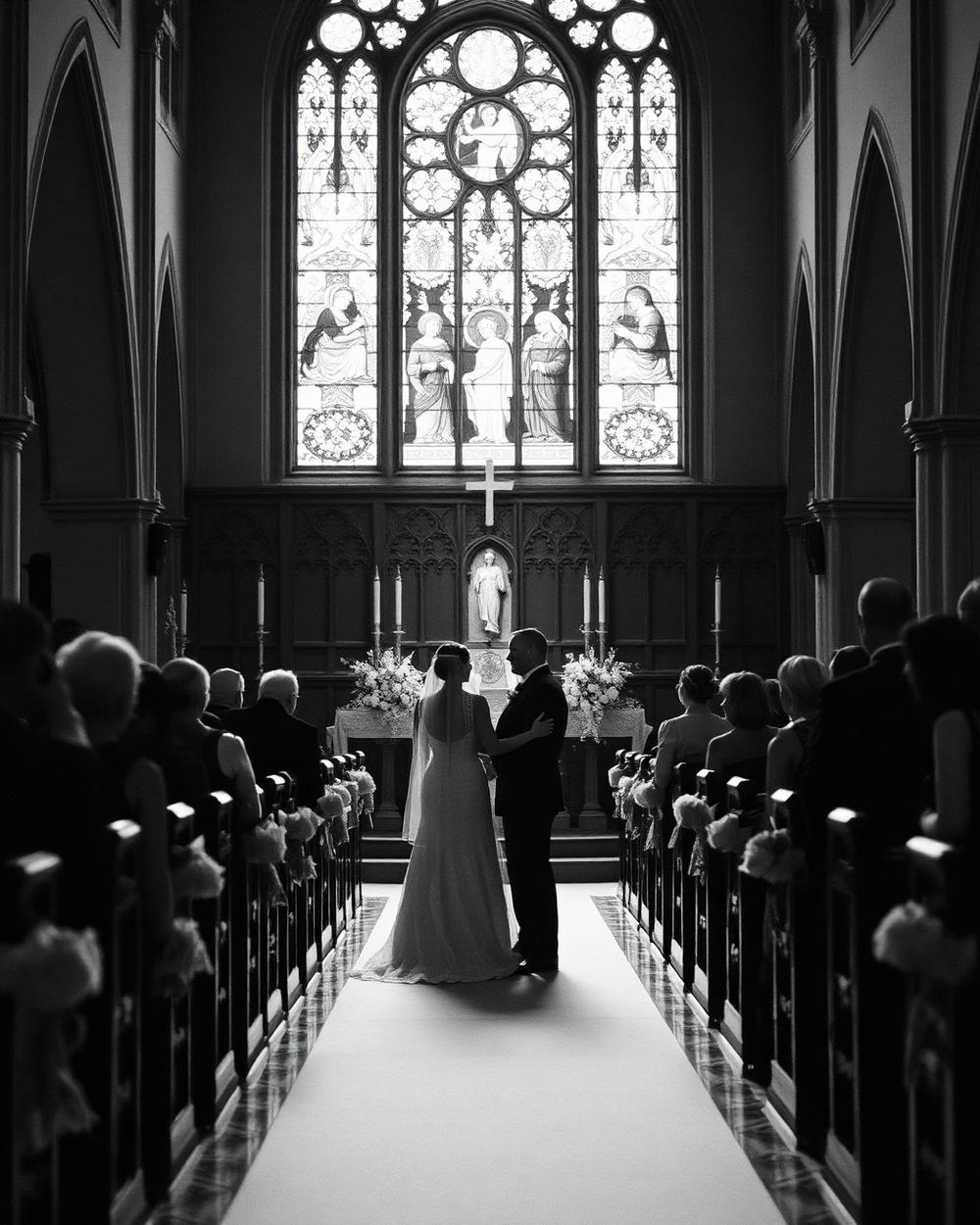 Vows exchanged at the altar of a stone church