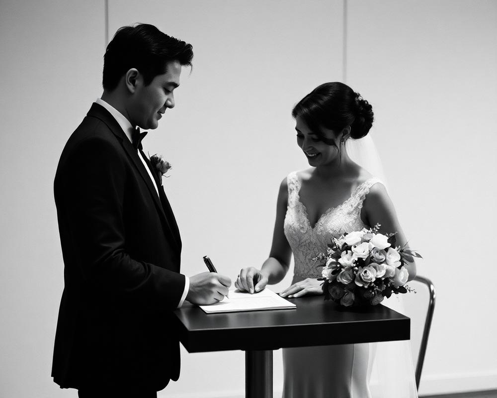 A quiet moment between two people after a civil ceremony